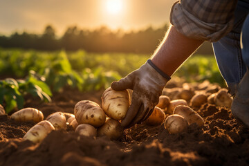 farmer hands harvesting  potatoes at potato field bokeh style background