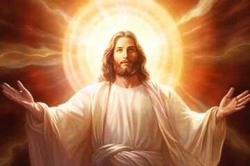 Jesus extending his arms to convey love, an illustration filled with brilliant energy.