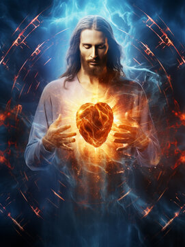 An image portraying the heart of Jesus in a mind-bending mural, expressing supreme power.