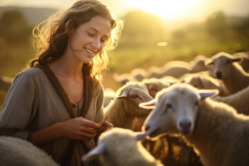 A shepherd farmer women feed a group sheep bokeh style background