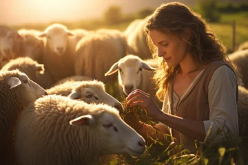 Fotobehang A shepherd farmer women feed a group sheep bokeh style background © toonsteb