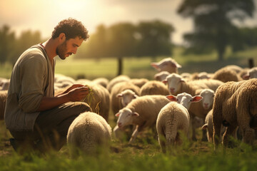 A shepherd farmer man feed a group sheep bokeh style background