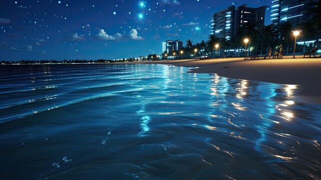 fantasy sea city with small ocean waves at night landscape