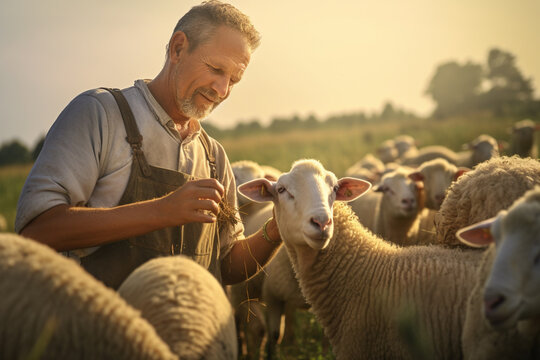 A shepherd farmer man feed a group sheep bokeh style background