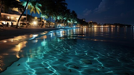 beach city at night with glowing waters