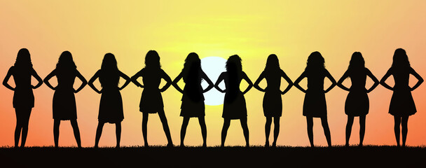 Unity and friendship as silhouettes of young women stand elbow to elbow