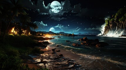 fantasy forest ocean scene with full moon