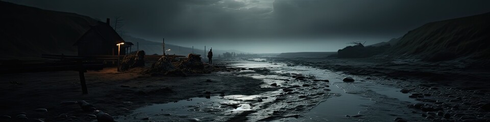 Obraz premium spooky night along a dry river landscape