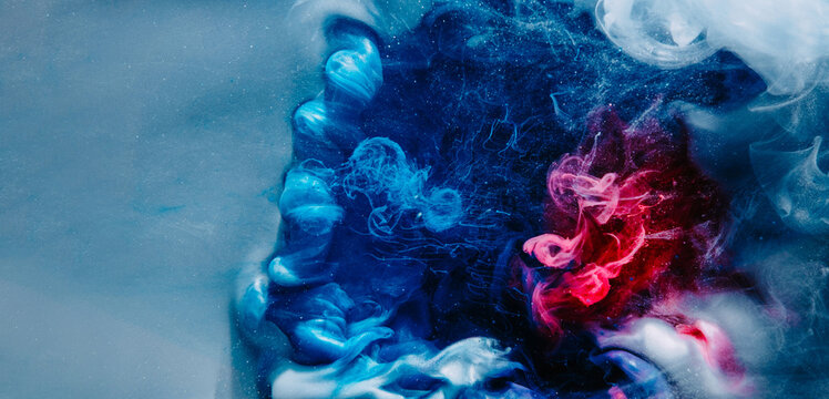 Smoke cloud background. Ethereal aura. Blue pink glitter ink hypnotic abstract explosion spreading in water in gray creative art empty space.