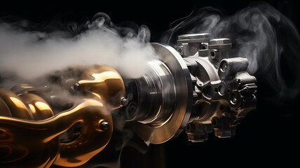 a running wound-up internal combustion engine is isolated on a black background, there is smoke, a car spare part is fictional graphics