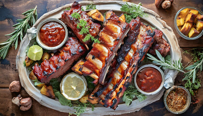 A summer barbecue platter features a top-down view of Kansas City-style barbecue ribs, coated in a smoky and tangy sauce, representing the bold and flavorful barbecue traditions of the Midwest. - obrazy, fototapety, plakaty