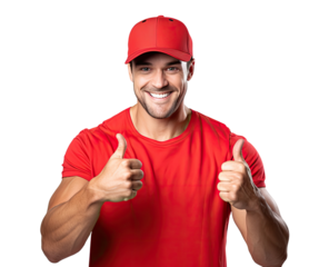 Man wearing red clothes and cap showing thumbs xup isolated on transparent background