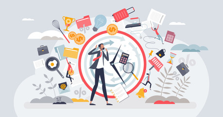 Acute stress and emotional frustration from overload tiny person concept. Unhealthy work life balance with many duties pressure and exhaustion vector illustration. Negative psychological struggle.