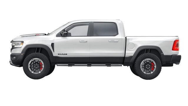 USA, Dallas. November 13, 2023. RAM 1500 TRX 2022. Powerful, sporty pickup truck for outdoor activities and difficult terrain on a white background. 3d rendering.