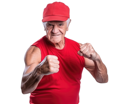 Elderly sportsman showing fists isolated on transparent background