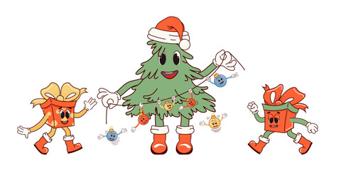 Cheerful, cheerful gift boxes and Christmas tree. Retro character in cartoon fashionable groovy style. The atmosphere is from the 60s and 70s. Merry Christmas and Happy New Year.