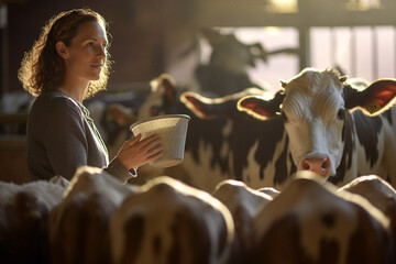 farmer woman pasthuring cows in her farm bokeh style background - obrazy, fototapety, plakaty