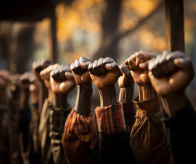 Fototapeta na wymiar multi-ethnic people raising their fists in the air
