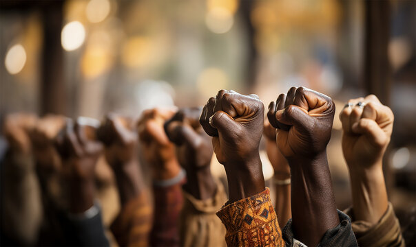 Multi-ethnic People Raising Their Fists In The Air