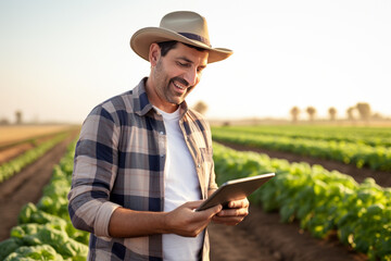 an agricultural man smiles while working in a field with a tablet bokeh style background