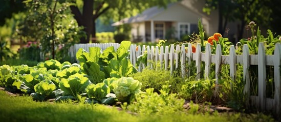 lush green garden with a white picket fence a wood background adds a rustic touch to the organic farm where healthy and nutritious vegetables like tomatoes squash and zucchini thrive under  - obrazy, fototapety, plakaty