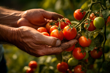 farmer hands harvesting tomatoes in tomato farm bokeh style background - obrazy, fototapety, plakaty