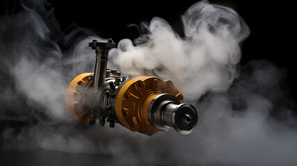 a running wound-up internal combustion engine is isolated on a black background, there is smoke, a car spare part is fictional graphics - obrazy, fototapety, plakaty