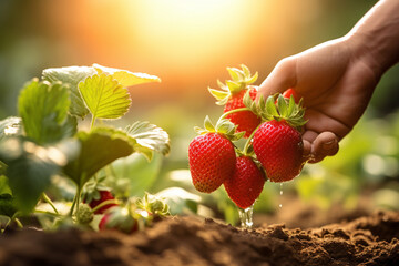 farmer hand harvesting stawberries in stawberry farm bokeh style background