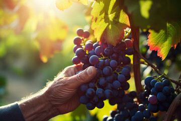 farmer hand harvesting grapes in grape farm bokeh style background
