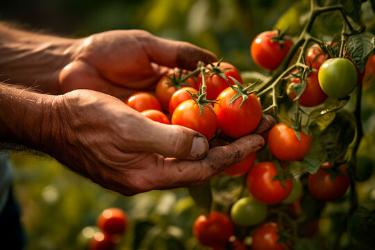 farmer hands harvesting tomatoes in tomato farm bokeh style background