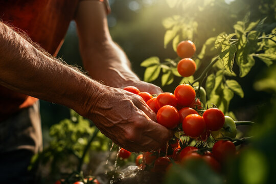 farmer hands harvesting tomatoes in tomato farm bokeh style background