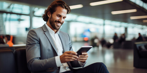 Smiling Businessman in Airport Terminal Melding Business and Travel, Staying Connected with Digital Tablet