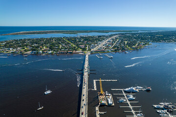 Beautiful aerial view of the St Augustine, the oldest town in USA. the castle of San Marcos National Monument, Flagler College and the Matanzas Bay