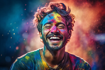 happy indian man with holi powder on his face at holi festival bokeh style background - obrazy, fototapety, plakaty