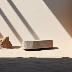 Empty stone podium for product display on wall background with sun shadow