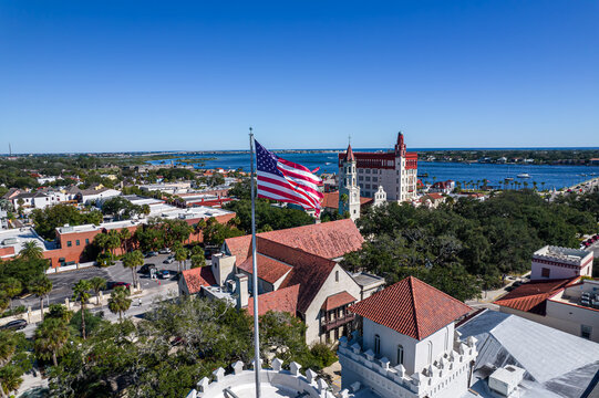 Beautiful Aerial View Of The St Augustine, The Oldest Town In USA. The Castle Of San Marcos National Monument, Flagler College And The Matanzas Bay