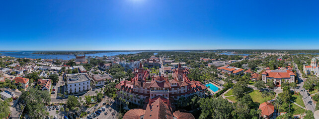 Beautiful aerial view of the St Augustine, the oldest town in USA. the castle of San Marcos National Monument, Flagler College and the Matanzas Bay