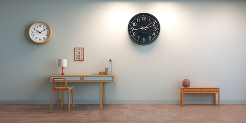home office cafe with clock, wallpaper, background image, concept of on time, time-sensitive, urgent, timeliness, scheduling, schedule, planning, project timeline
