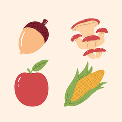 Apple, Accorn, mushroom, corn flat illustration, harvest autumn illustration