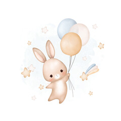 Watercolor Illustration Baby Rabbit flying with balloons and stars