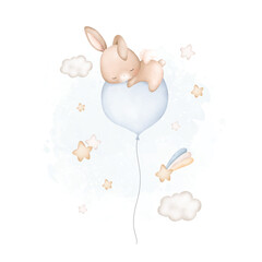 Watercolor Illustration Baby Rabbit sleeps on balloon with stars