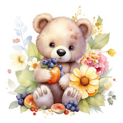 Bear flower and fruits Illustration, Generative Ai