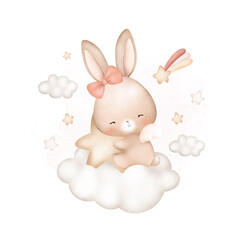 Watercolor Illustration Baby Rabbit sitting on cloud with stars