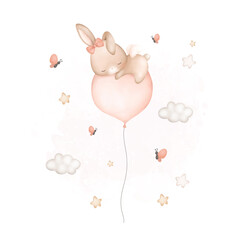 Obraz na płótnie Canvas Watercolor Illustration Baby Rabbit sleeps on balloon with stars and butterflies