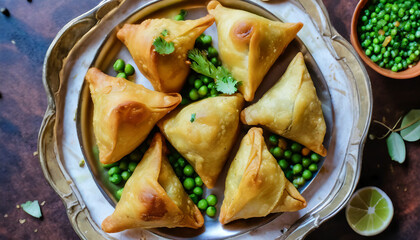 A top-down perspective of Indian samosas on a serving platter showcases crispy pastry filled with spiced potatoes and peas, offering a delightful taste of the popular and savory snack in Indian cuisin
