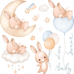 Watercolor Illustration set of Baby Rabbit and cute elements