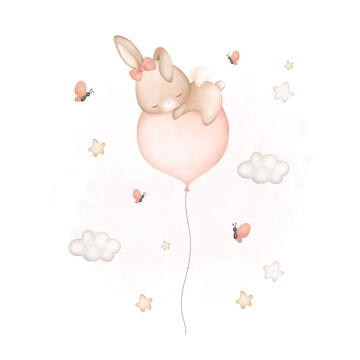 Watercolor Illustration Baby Rabbit sleeps on balloon with stars and butterflies © Stella