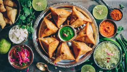 A top-down perspective of Indian samosas on a serving platter showcases crispy pastry filled with spiced potatoes and peas, offering a delightful taste of the popular and savory snack in Indian cuisin