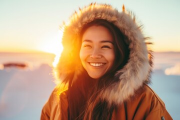 Backlit Portrait of calm happy smiling free Inuit young woman looking away enjoys a beautiful moment life on the arctic  at sunset - obrazy, fototapety, plakaty