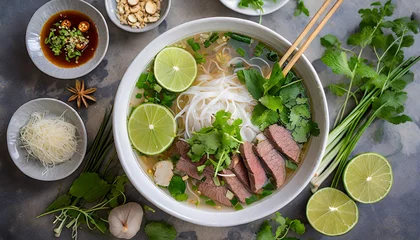 Fotobehang A top-down shot of a Vietnamese pho bowl captures the aromatic and steaming broth, rice noodles, and thinly sliced beef, topped with fresh herbs and lime, embodying the comforting flavors of Vietnames © DP pixels